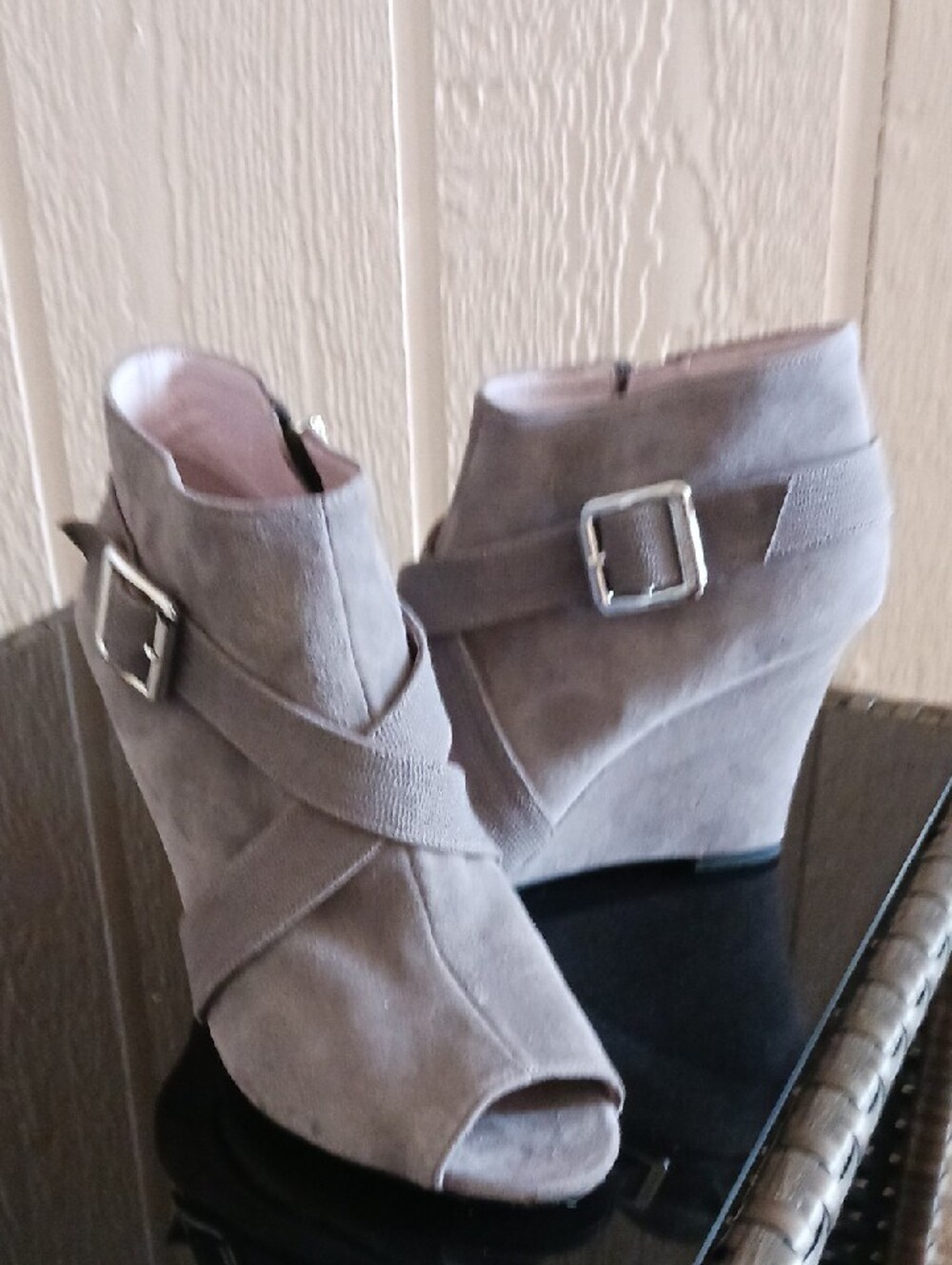 Vince Camuto Gray Suede Crisscross Wedge Booties - Picture 10 of 11